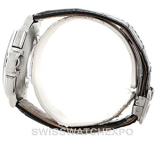 This image shows a side view of the Ballon Bleu model by Cartier, featuring the case, bezel, and leather strap.