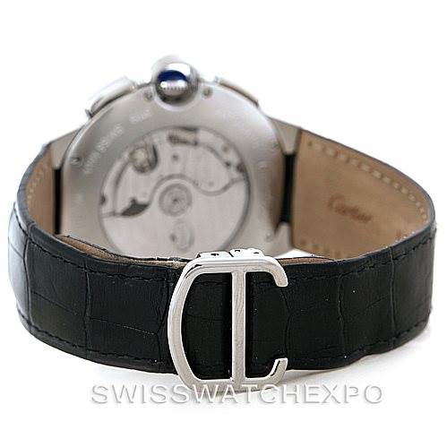 The image shows the back view of the Cartier Ballon Bleu W6920003 Men
s Stainless Steel Silver Dial W6920003 Men
s Stainless Steel Silver Dial watch, highlighting its leather strap and clasp.