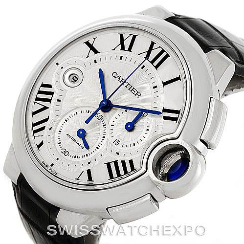 The image shows a close-up angled view of a Cartier Ballon Bleu W6920003 Men
s Stainless Steel Silver Dial W6920003 Men
s Stainless Steel Silver Dial watch, focusing on its face, casing, and part of its black leather strap.