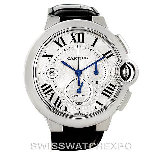 The Cartier Ballon Bleu W6920003 Men
s Stainless Steel Silver Dial W6920003 Men
s Stainless Steel Silver Dial watch is shown from a front angle, featuring its white dial, blue hands, Roman numerals, and black leather strap.
