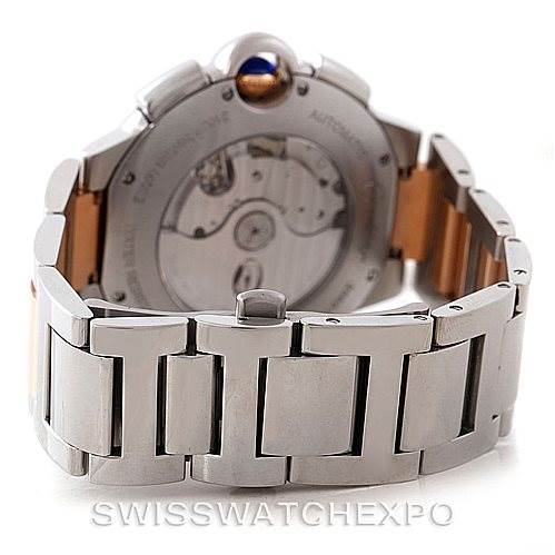 The image shows the back, clasp, and part of the bracelet of a Cartier Ballon Bleu W6920063 Men's Steel and Gold (two tone) Silver Dial W6920063 Men's Steel and Gold (two tone) Silver Dial watch, highlighting the movement through the case back.
