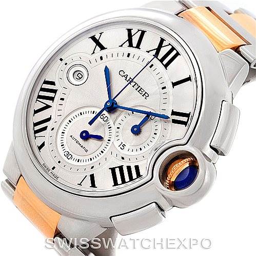 This image shows the dial and part of the bracelet of the Cartier Ballon Bleu W6920063 Men's Steel and Gold (two tone) Silver Dial W6920063 Men's Steel and Gold (two tone) Silver Dial watch, highlighting its Roman numerals and blue hands.
