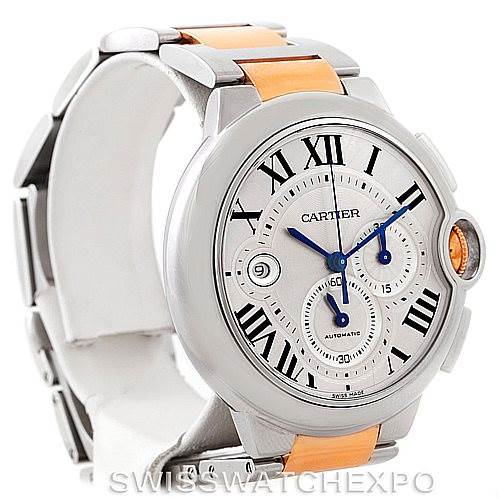 The image shows a Ballon Bleu model by Cartier at an angle highlighting the face, crown, and part of the strap.