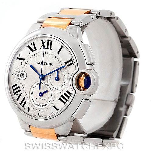 The image shows a Cartier Ballon Bleu W6920063 Men's Steel and Gold (two tone) Silver Dial W6920063 Men's Steel and Gold (two tone) Silver Dial watch at a front angle, highlighting its face, crown, and part of the bracelet.