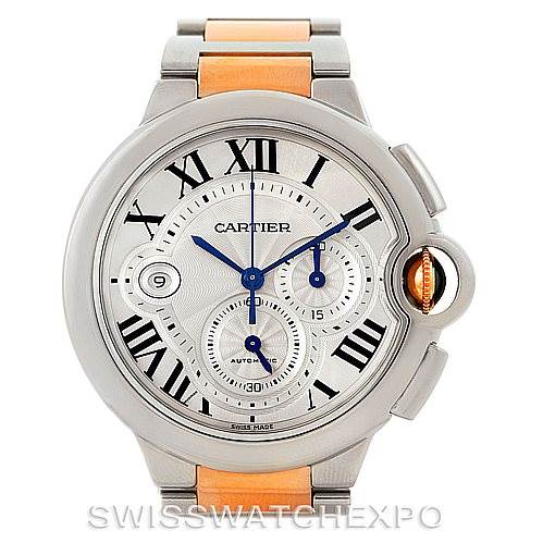 The image shows a front view of a Cartier Ballon Bleu W6920063 Men's Steel and Gold (two tone) Silver Dial W6920063 Men's Steel and Gold (two tone) Silver Dial watch, highlighting its dial, Roman numerals, and orange crown protector.
