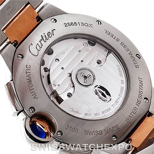 This image shows the back of a Cartier Ballon Bleu W6920063 Men's Steel and Gold (two tone) Silver Dial W6920063 Men's Steel and Gold (two tone) Silver Dial model watch, highlighting its automatic movement and stainless steel case.