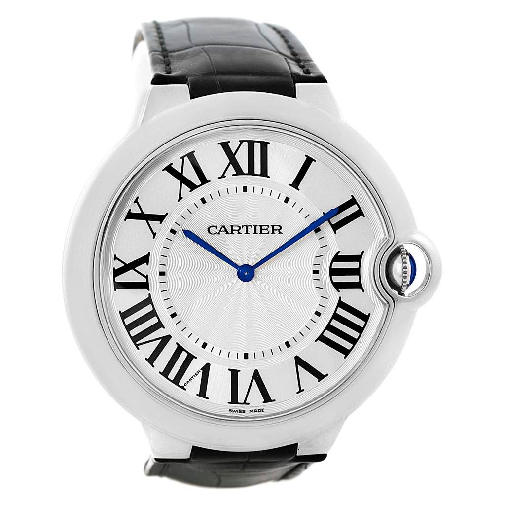 This image shows a front view of a Ballon Bleu de Cartier watch, highlighting its dial, Roman numerals, and leather strap.