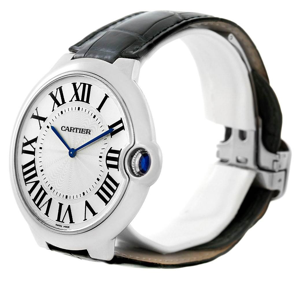 This image shows a Cartier Ballon Bleu W6920055 Men's White Gold Silver Dial W6920055 Men's White Gold Silver Dial watch, featuring its face, strap, and side crown, viewed from a slightly angled position.