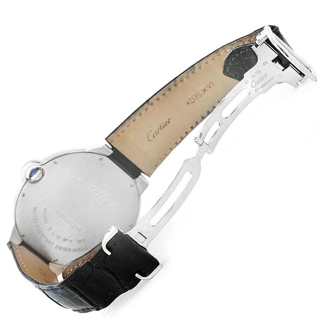 This image shows the back and partially opened clasp of a Cartier Ballon Bleu W6920055 Men's White Gold Silver Dial W6920055 Men's White Gold Silver Dial watch.