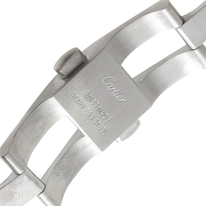 This image shows the stainless steel clasp of a Cartier Ballon Bleu W69012Z4 Men's Stainless Steel Silver Dial W69012Z4 Men's Stainless Steel Silver Dial watch, including the engraved brand and material details.