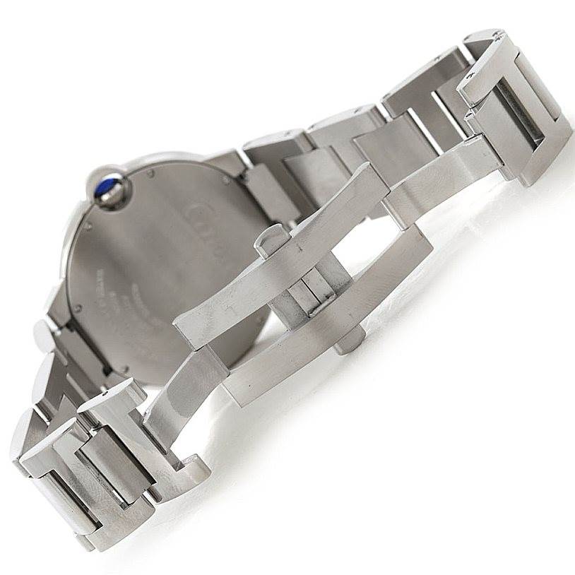 This image shows the back view and bracelet clasp of a Cartier Ballon Bleu W69012Z4 Men's Stainless Steel Silver Dial W69012Z4 Men's Stainless Steel Silver Dial watch.