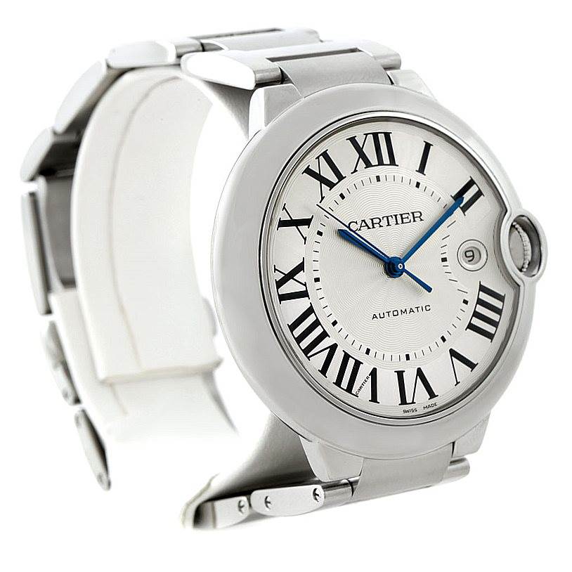 This image shows a side and front angle of the Cartier Ballon Bleu W69012Z4 Men's Stainless Steel Silver Dial W69012Z4 Men's Stainless Steel Silver Dial watch, highlighting its face, bracelet, and crown.