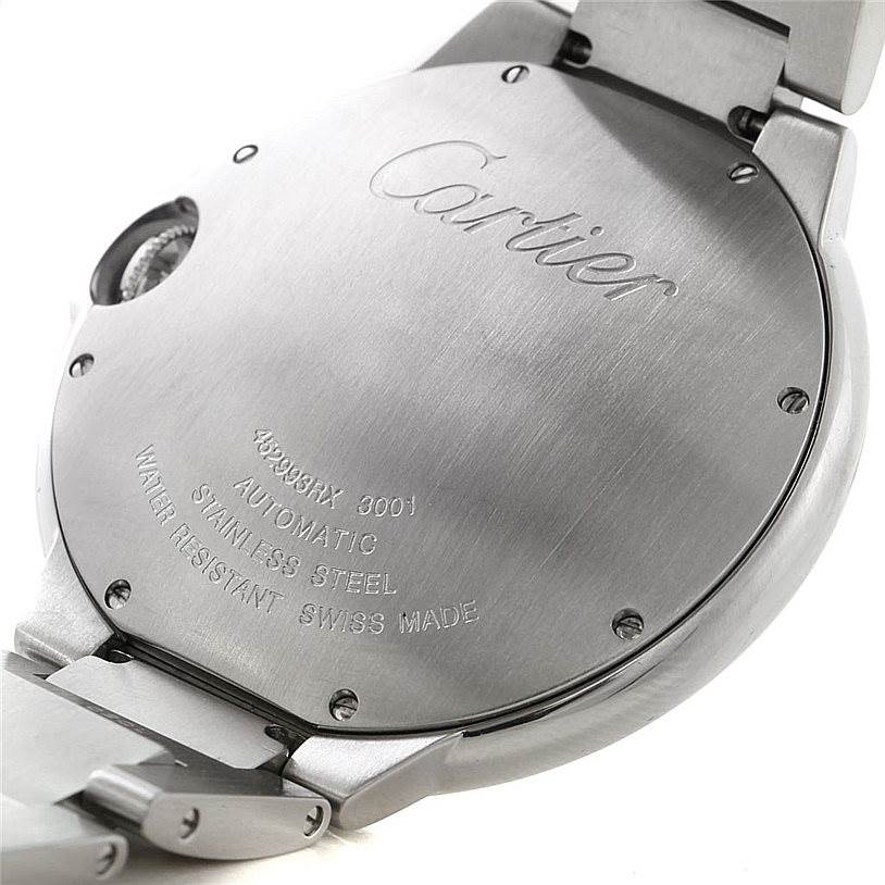 The image shows the back case and part of the bracelet of a Ballon Bleu watch by Cartier.