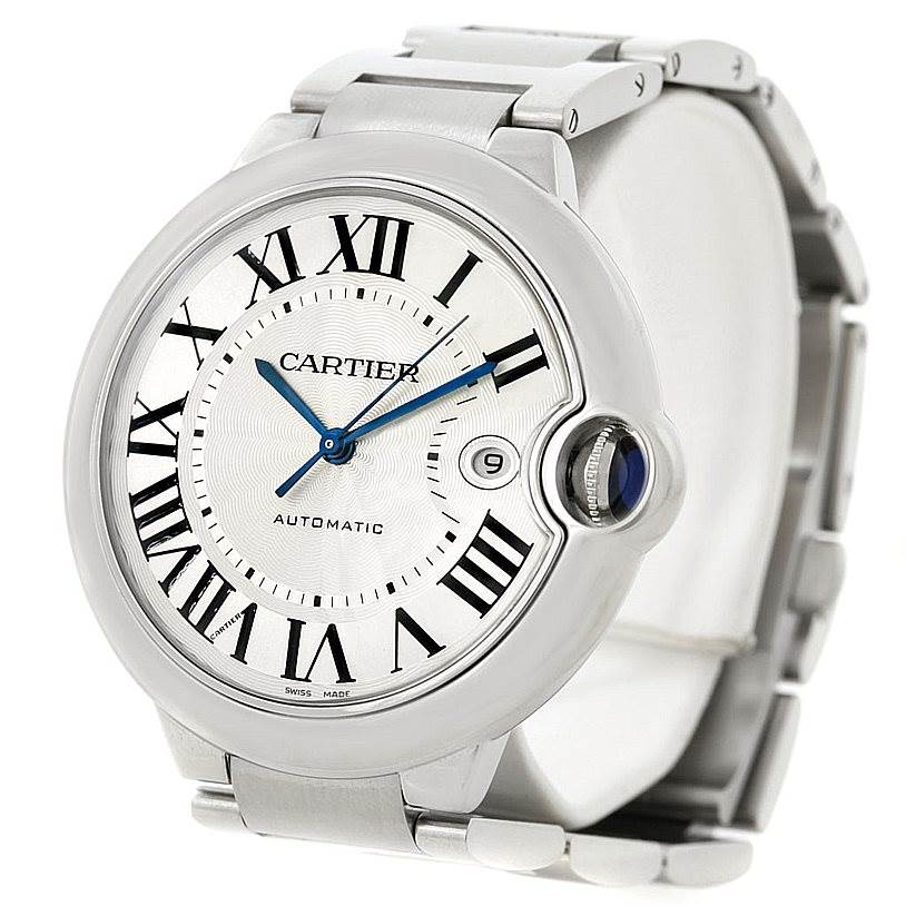 The Cartier Ballon Bleu W69012Z4 Men's Stainless Steel Silver Dial W69012Z4 Men's Stainless Steel Silver Dial watch is shown from a front angle, highlighting its dial, crown, hands, and part of the bracelet.
