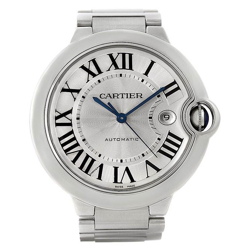 The image shows a front view of a Cartier Ballon Bleu W69012Z4 Men's Stainless Steel Silver Dial W69012Z4 Men's Stainless Steel Silver Dial watch, highlighting the dial, Roman numerals, and metal bracelet.