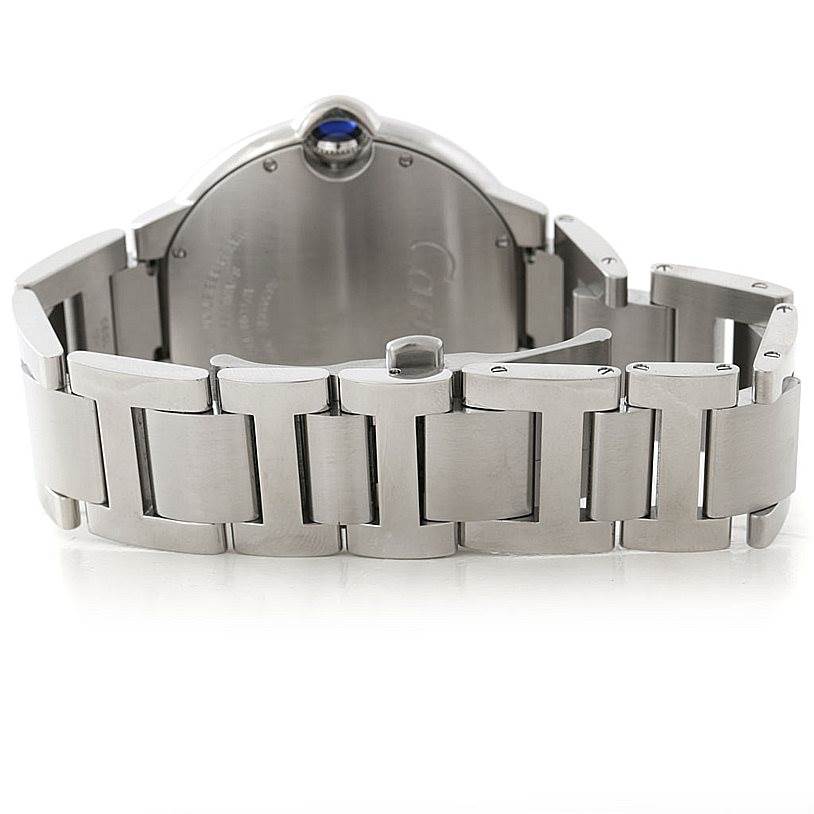 The image shows the back and bracelet of a Cartier Ballon Bleu W69012Z4 Men's Stainless Steel Silver Dial W69012Z4 Men's Stainless Steel Silver Dial watch from a rear angle.