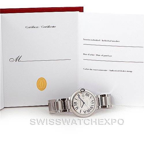 The image shows a frontal view of a Ballon Bleu model by Cartier alongside its certificate of Best Quality
ity.