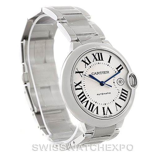 This image shows a Cartier Ballon Bleu W69012Z4 Men
s Stainless Steel Silver Dial W69012Z4 Men
s Stainless Steel Silver Dial watch at an angle highlighting its face, steel bracelet, and Roman numeral hour markers.