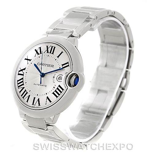 The image shows a Cartier Ballon Bleu W69012Z4 Men
s Stainless Steel Silver Dial W69012Z4 Men
s Stainless Steel Silver Dial watch at an angle displaying its face, side profile, and part of the bracelet.