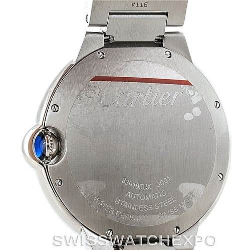 The image shows the back of a Cartier Ballon Bleu W69012Z4 Men
s Stainless Steel Silver Dial W69012Z4 Men
s Stainless Steel Silver Dial watch, including the case back and part of the bracelet.