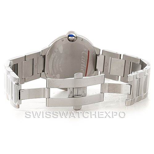 This image shows the back view of a Cartier Ballon Bleu W69012Z4 Men
s Stainless Steel Silver Dial W69012Z4 Men
s Stainless Steel Silver Dial watch, highlighting its clasp and bracelet detailing.