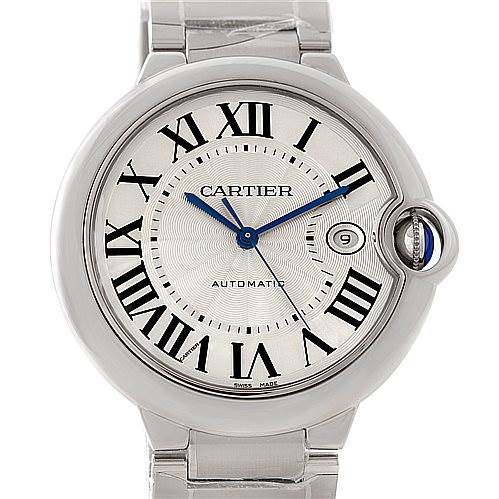 This image shows a front view of the Ballon Bleu model by Cartier, highlighting its face, Roman numerals, and signature blue hands.
