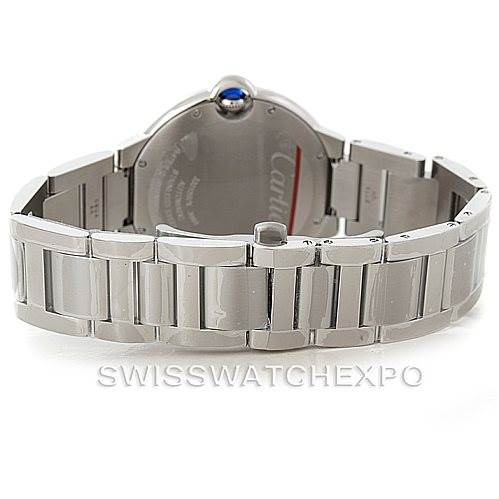 The image shows the back view of a Cartier Ballon Bleu W69012Z4 Men
s Stainless Steel Silver Dial W69012Z4 Men
s Stainless Steel Silver Dial watch, highlighting its stainless steel bracelet and case back.