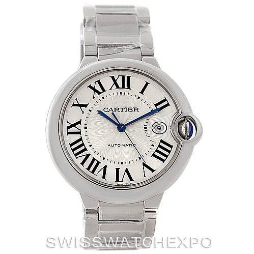 The image shows a Cartier Ballon Bleu W69012Z4 Men
s Stainless Steel Silver Dial W69012Z4 Men
s Stainless Steel Silver Dial watch front and center, highlighting its face, bracelet, and crown.