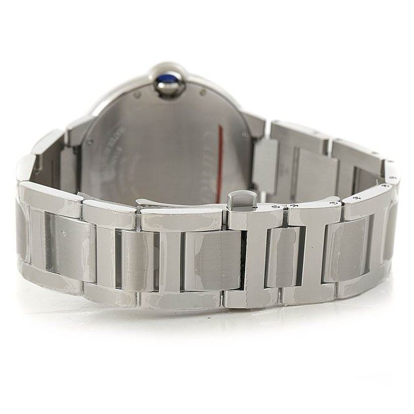The image shows the back and bracelet of a Cartier Ballon Bleu W69012Z4 Men
s Stainless Steel Silver Dial W69012Z4 Men
s Stainless Steel Silver Dial watch, highlighting its clasp and metal links.