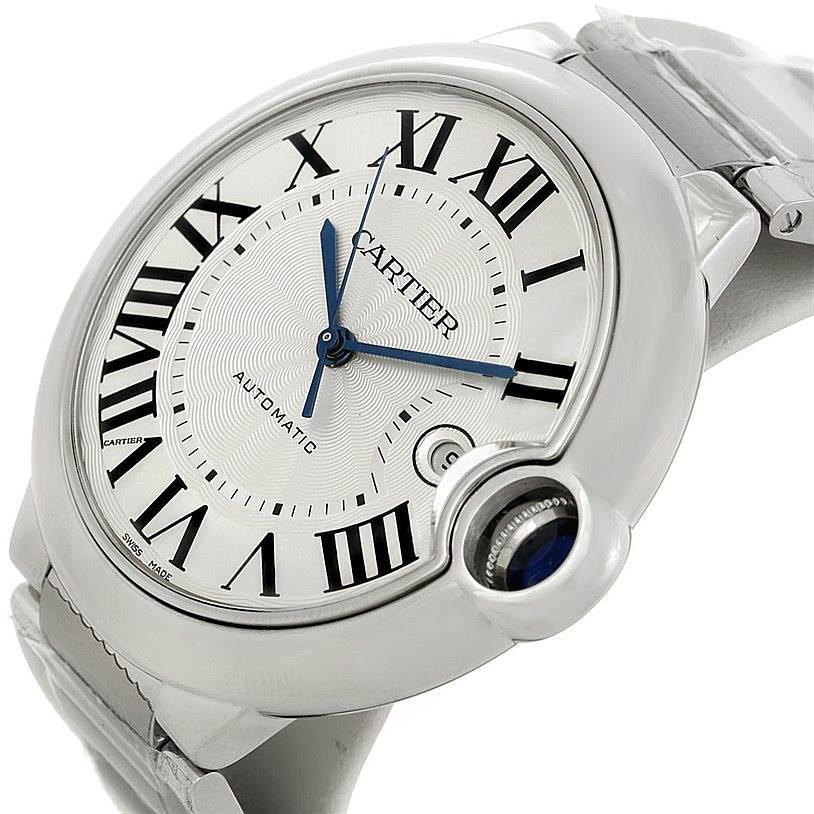 The image shows a close-up, angled view of the dial and part of the band of the Cartier Ballon Bleu W69012Z4 Men
s Stainless Steel Silver Dial W69012Z4 Men
s Stainless Steel Silver Dial watch.