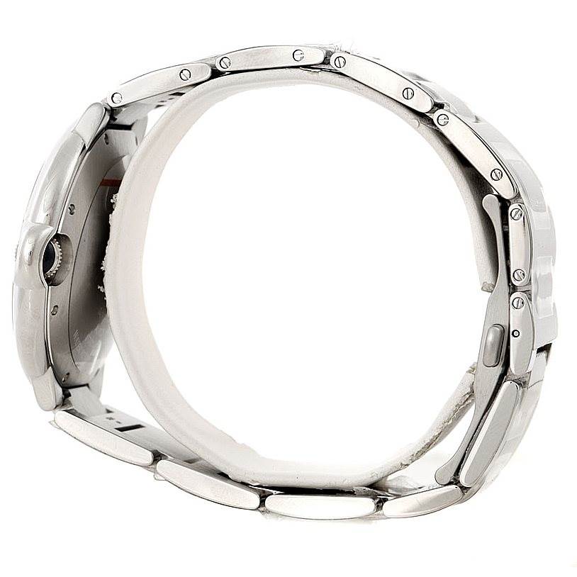 The image shows the side profile of a Cartier Ballon Bleu W69012Z4 Men
s Stainless Steel Silver Dial W69012Z4 Men
s Stainless Steel Silver Dial watch, highlighting its case, crown, and metal bracelet.