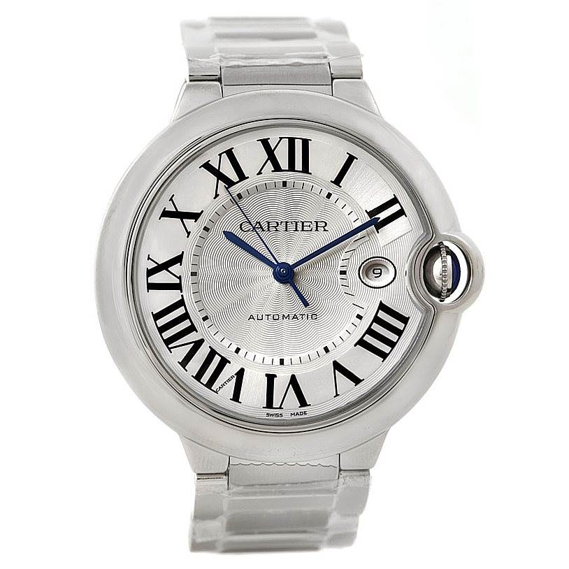 The image shows a Ballon Bleu de Cartier watch from a front angle, highlighting the dial, hands, crown, bracelet, and Roman numerals.