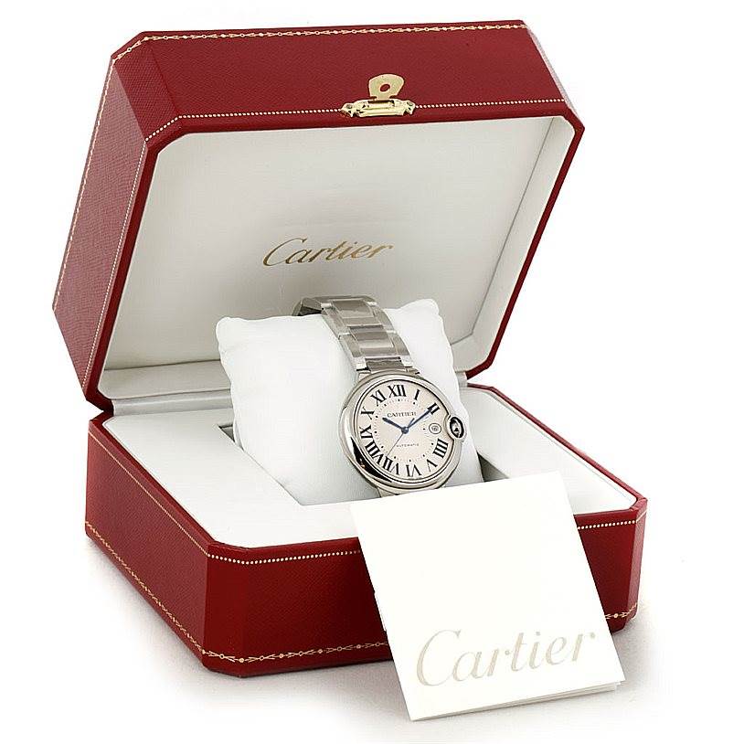 The Cartier Ballon Bleu W69012Z4 Men
s Stainless Steel Silver Dial W69012Z4 Men
s Stainless Steel Silver Dial watch is displayed in an open red case, revealing the face, bezel, and bracelet.