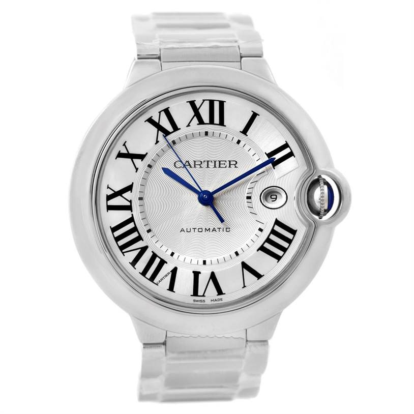The image shows a front view of the Cartier Ballon Bleu W69012Z4 Men's Stainless Steel Silver Dial W69012Z4 Men's Stainless Steel Silver Dial watch, highlighting its face, hands, and bracelet.