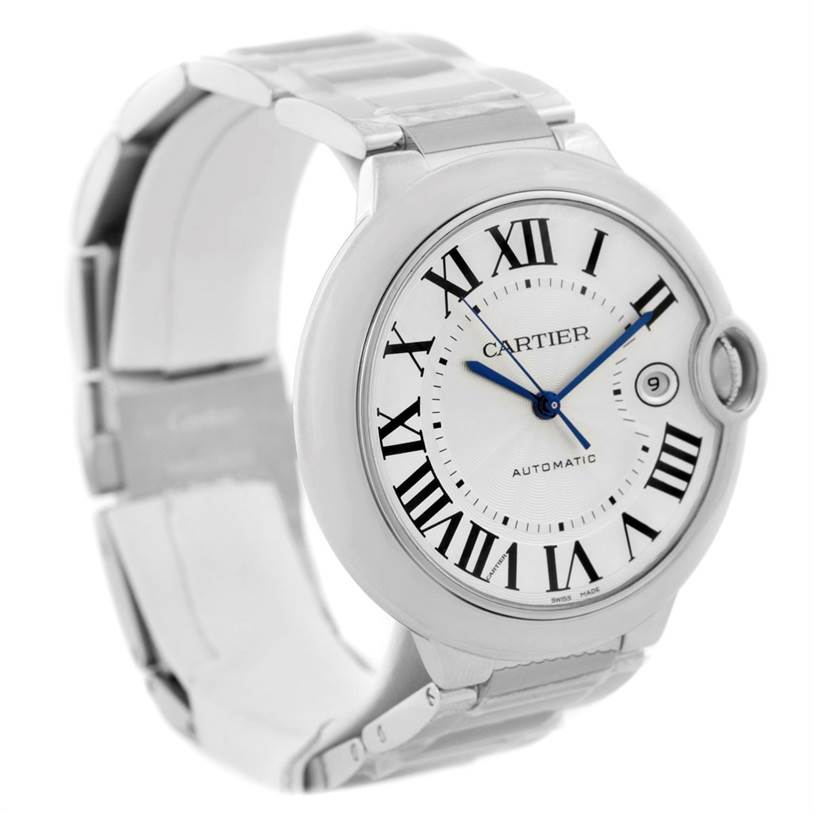 The image shows a Cartier Ballon Bleu W69012Z4 Men's Stainless Steel Silver Dial W69012Z4 Men's Stainless Steel Silver Dial watch from an angled side view, highlighting its face, bezel, and bracelet.