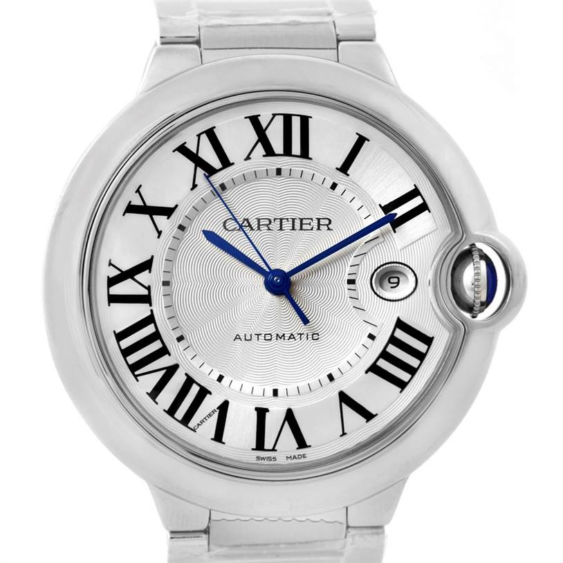 The image shows a close-up, frontal view of the Cartier Ballon Bleu W69012Z4 Men's Stainless Steel Silver Dial W69012Z4 Men's Stainless Steel Silver Dial watch, highlighting its dial, Roman numerals, and date window.