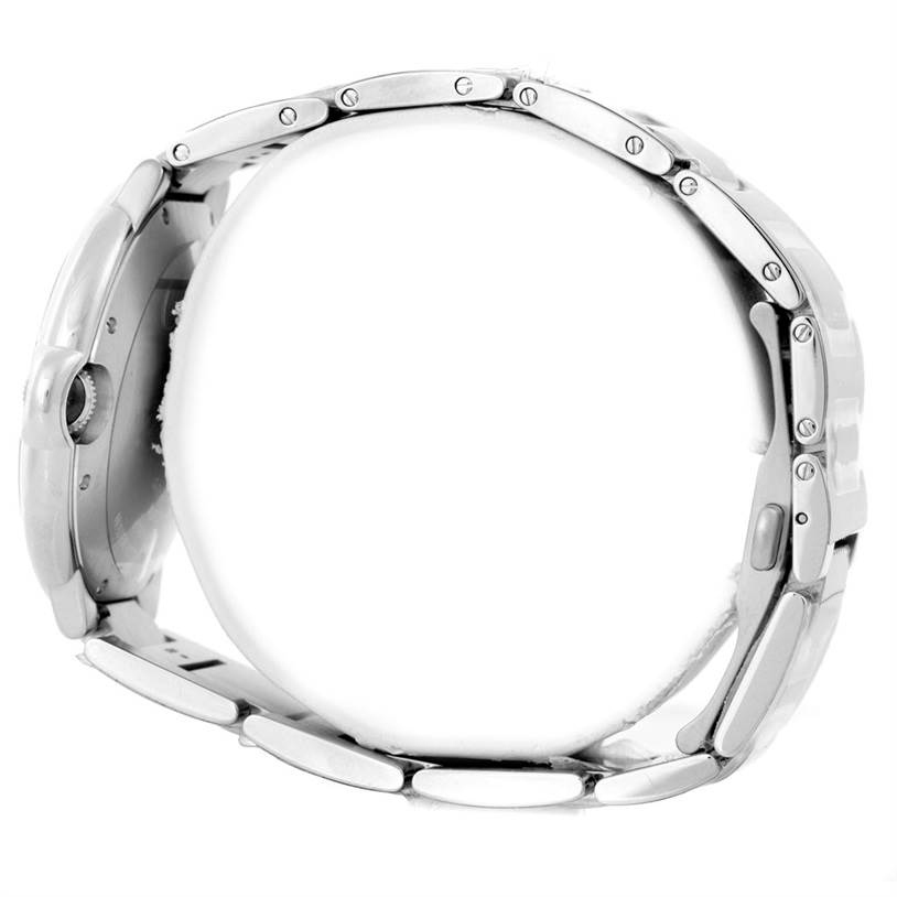 The image shows a side view of the Cartier Ballon Bleu W69012Z4 Men's Stainless Steel Silver Dial W69012Z4 Men's Stainless Steel Silver Dial watch, focusing on its bracelet and crown.