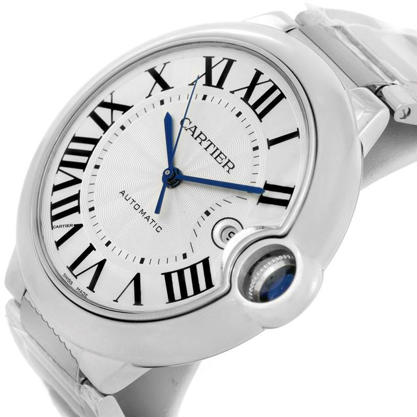 The image shows a close-up of the Cartier Ballon Bleu W69012Z4 Men's Stainless Steel Silver Dial W69012Z4 Men's Stainless Steel Silver Dial watch face and part of the band at an angled view.