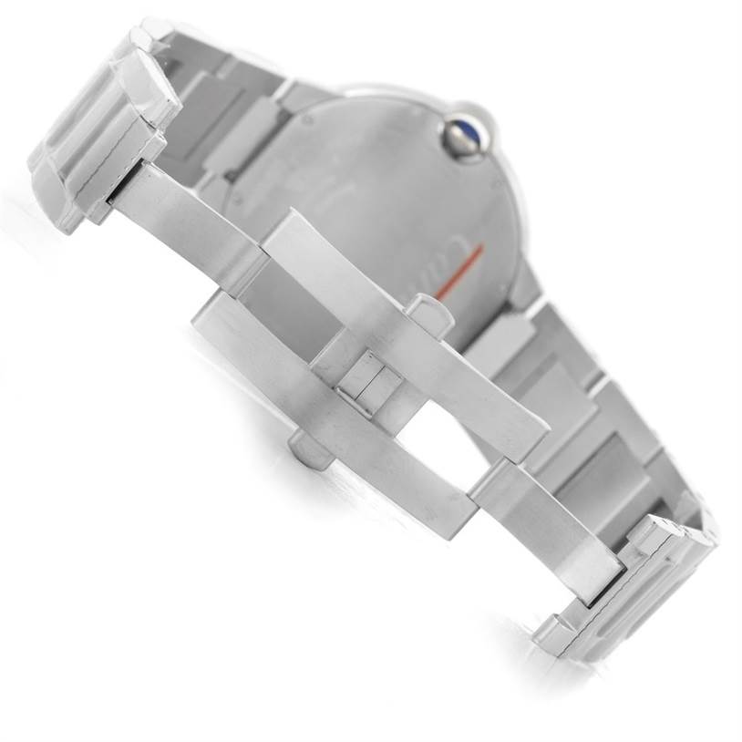 This image shows the back view of the Cartier Ballon Bleu W69012Z4 Men's Stainless Steel Silver Dial W69012Z4 Men's Stainless Steel Silver Dial watch, focusing on the clasp and part of the bracelet.