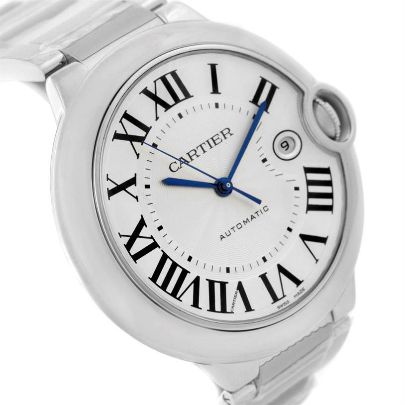 The image shows a close-up, angled view of the dial and part of the bracelet of the Cartier Ballon Bleu W69012Z4 Men's Stainless Steel Silver Dial W69012Z4 Men's Stainless Steel Silver Dial watch.