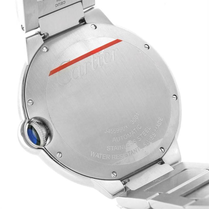 The image shows the case back and part of the bracelet of a Ballon Bleu model by Cartier.