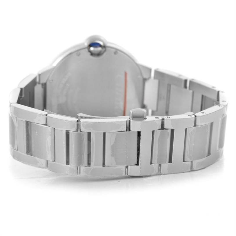 The image shows the backside and bracelet of a Cartier Ballon Bleu W69012Z4 Men's Stainless Steel Silver Dial W69012Z4 Men's Stainless Steel Silver Dial watch from a rear angle.
