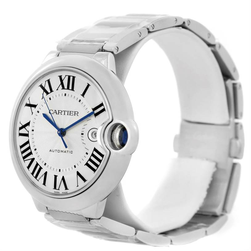 The image shows a close-up, angled view of the Cartier Ballon Bleu W69012Z4 Men's Stainless Steel Silver Dial W69012Z4 Men's Stainless Steel Silver Dial watch displaying its face, bracelet, and crown.