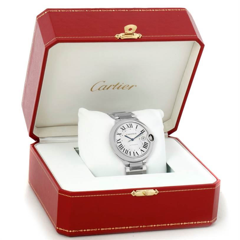 The Cartier Ballon Bleu W69012Z4 Men's Stainless Steel Silver Dial W69012Z4 Men's Stainless Steel Silver Dial watch is shown from the front inside its open red display box.