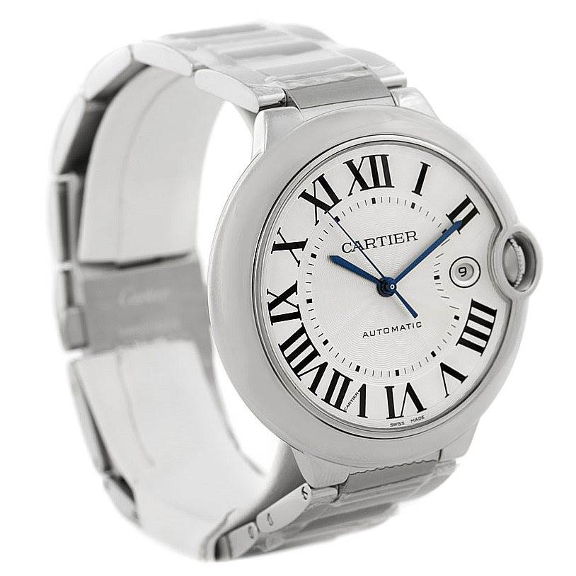 The image shows a Cartier Ballon Bleu W69012Z4 Men's Stainless Steel Silver Dial W69012Z4 Men's Stainless Steel Silver Dial watch from a front angle, highlighting the dial, bracelet, and crown.