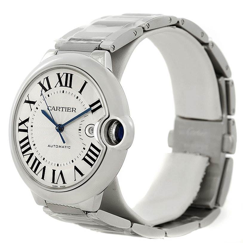 The image shows a Ballon Bleu by Cartier watch from a three-quarter angle, featuring the face, Roman numerals, case, and part of the bracelet.