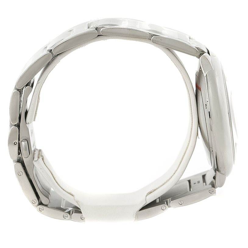 The image shows a side view of the Cartier Ballon Bleu W69012Z4 Men's Stainless Steel Silver Dial W69012Z4 Men's Stainless Steel Silver Dial watch, highlighting its metallic bracelet and side profile.