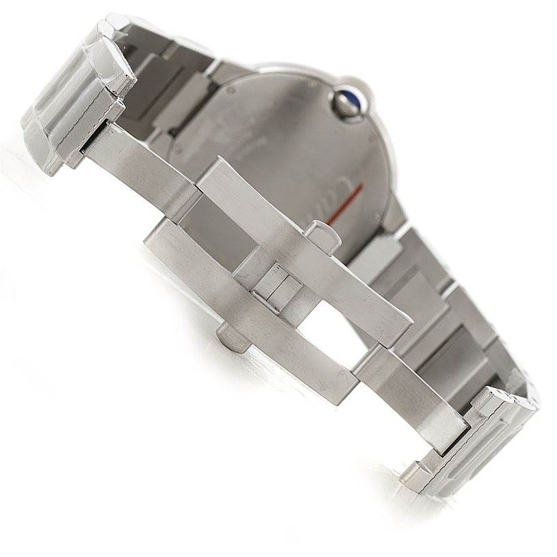 The image shows the clasp mechanism and a partial view of the back of the bracelet of a Cartier Ballon Bleu W69012Z4 Men's Stainless Steel Silver Dial W69012Z4 Men's Stainless Steel Silver Dial watch.