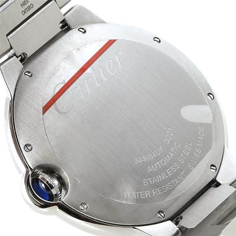 This image shows the case back, part of the bracelet, and the crown of the Cartier Ballon Bleu W69012Z4 Men's Stainless Steel Silver Dial W69012Z4 Men's Stainless Steel Silver Dial watch.