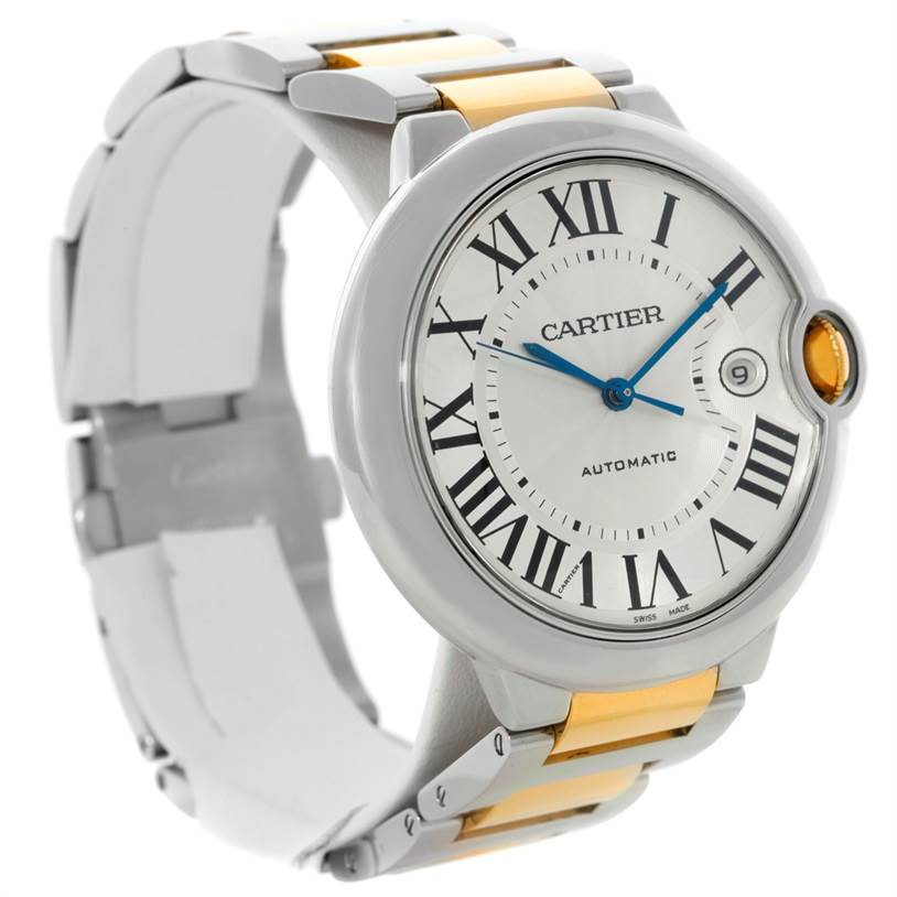 The image shows a Cartier Ballon Bleu W69009Z3 Men
s Stainless Steel Silver Dial W69009Z3 Men
s Stainless Steel Silver Dial watch angled to display the face, bezel, and part of the two-tone bracelet.